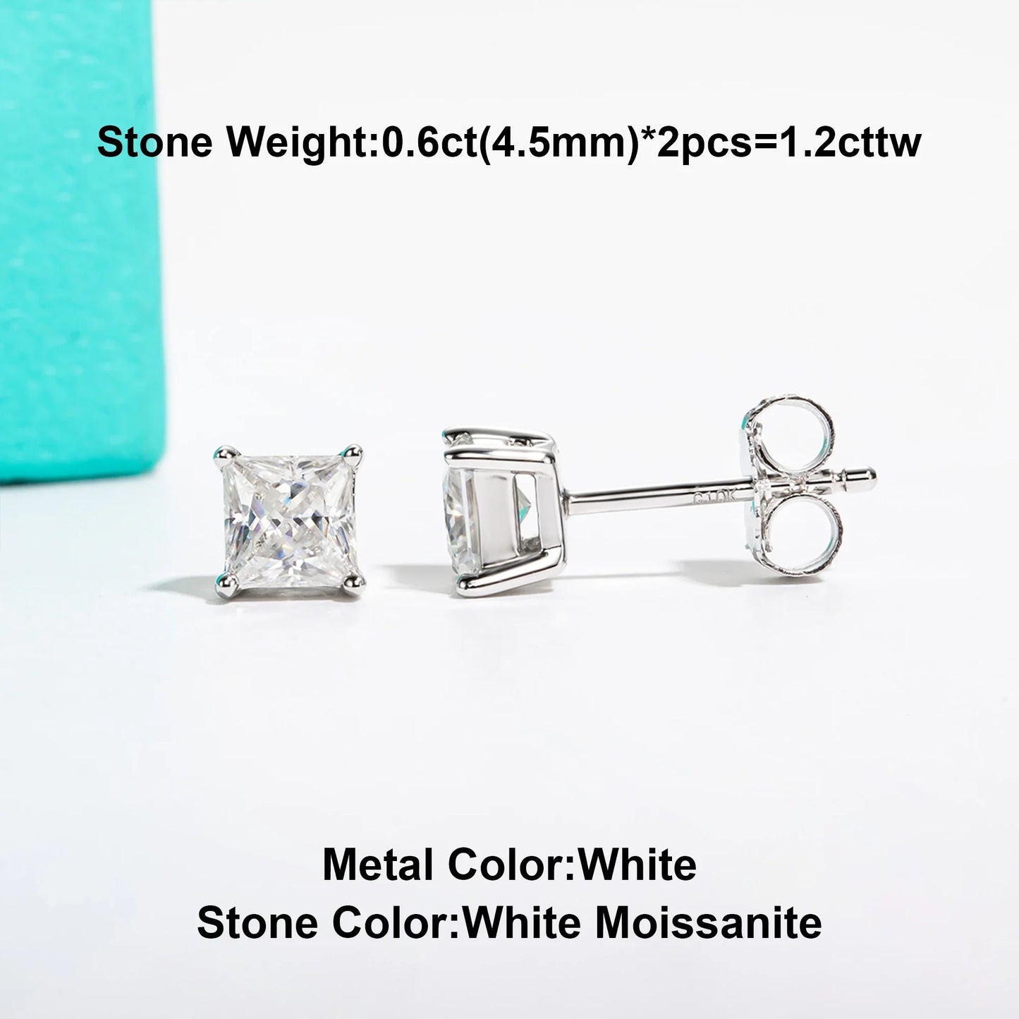 10k Gold Post 4/2/1.2ct Princess Moissanite Women Earrings 10K Gold Post Anti-allergy Stud Earrings For Men Jewelry