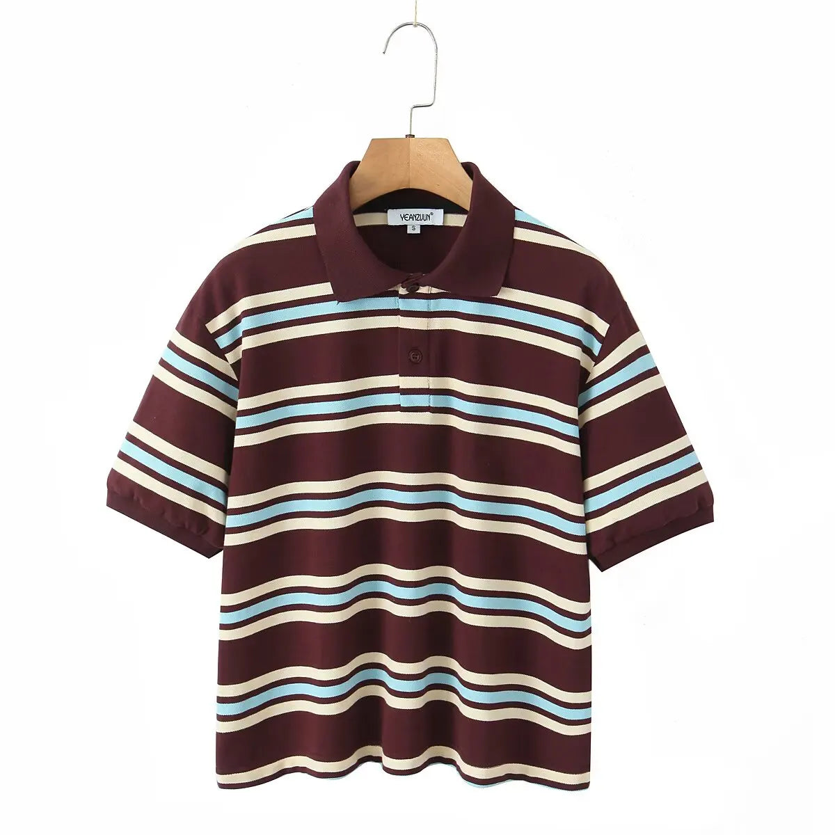 2025 Summer Ladies Polo Shirts Woman Long Sleeve Crop Top Striped Vintage Clothes Polo Shirts Mujer Streetwear Casual Tops Brown