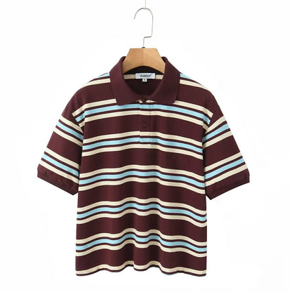 2025 Summer Ladies Polo Shirts Woman Long Sleeve Crop Top Striped Vintage Clothes Polo Shirts Mujer Streetwear Casual Tops Brown