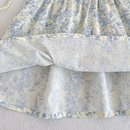 2026 Novo Vestido de Verão para Meninas Crianças 2-6 Anos Vestido de Manga Curta Bufante Estampa Floral Gola Franzida Algodão Doce