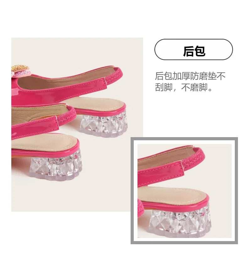 Summer New Children's High Heels Girls' Crystal Princess Shoes Hollow Heel Round Toe Fashion Flower Baby Girls' Sandals Rose Red