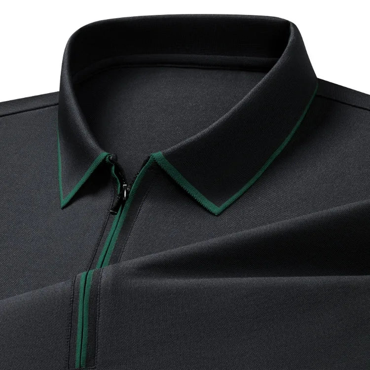 Men's Silk Zipper Polo Shirt Short Sleeve Mulberry T-Shirt Metal Zipper, Stand Collar Luxury Casual Summer Top Cotton&Linen Tee