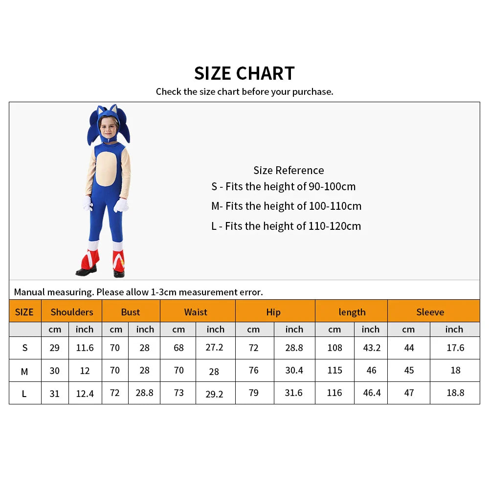 Hedgehog Cartoon Jumpsuit Bodysuit Kids Cosplay Costume Disguise Anime Boys Girls White Gloves Halloween Gift