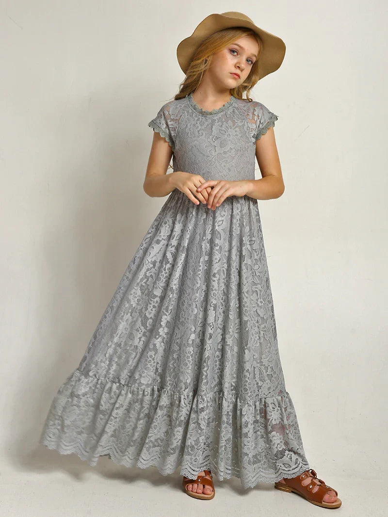 Princess Girls Lace Bohemia Long Dresses Baby Kids Flower Wedding Party Dress Cotton Lining Vestidos Costume Children Clothing