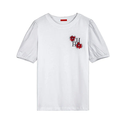 Women's T-Shirt Summer Luxury  New Embroidery Letter Lantern Sleeve T-Shirt White Basic Cotton T-Shirt Women's Top T-Shirt