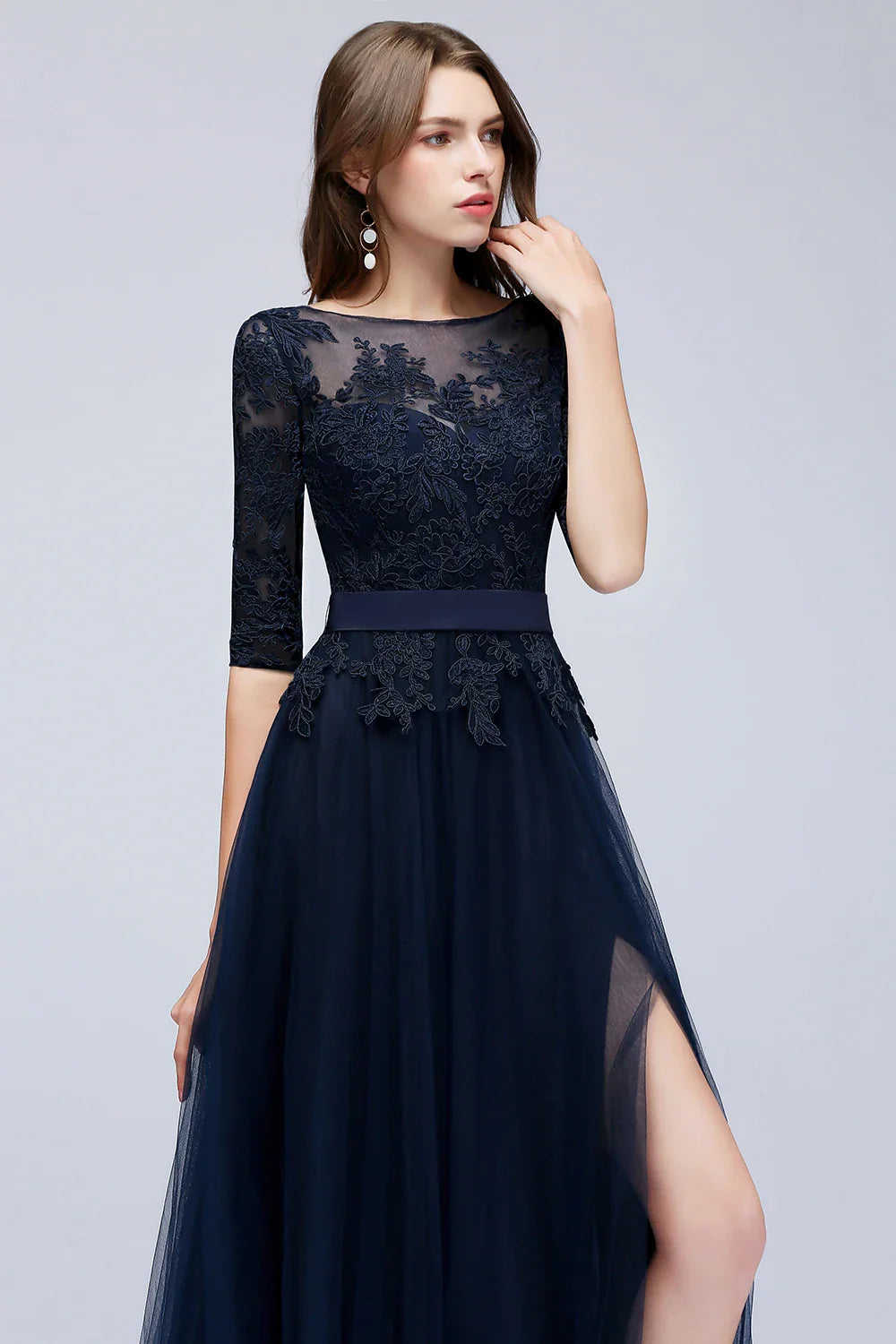Vestidos de Renda Decote Redondo Noite Elegantes Meia Manga Aplicações Tule Festa Formal Longo Sem Costas Com Cinto Robe De
