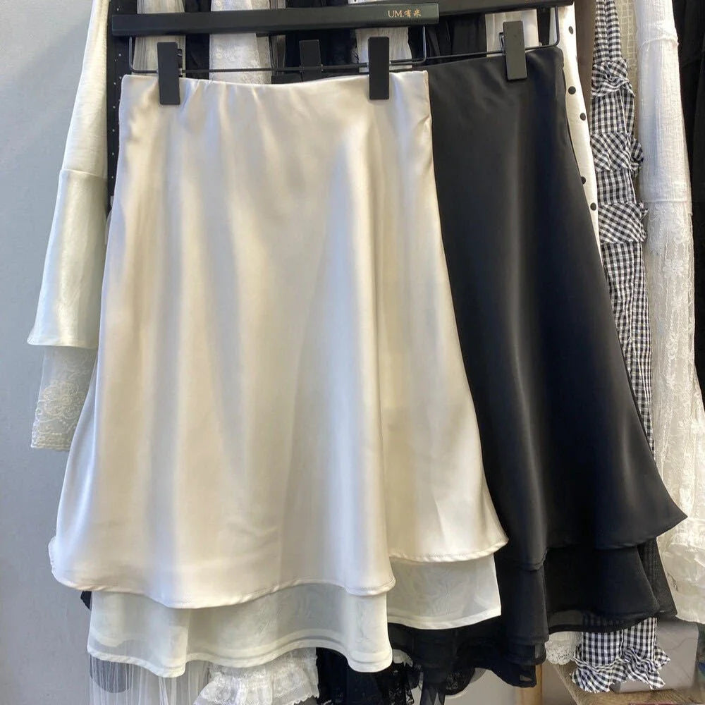 Elegant Satin Women Skirts Solid Zipper Faldas Mujer Ladies Double-layer Casual Chic Black White Dot Mini Skirt Korean Summer