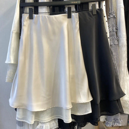 Elegant Satin Women Skirts Solid Zipper Faldas Mujer Ladies Double-layer Casual Chic Black White Dot Mini Skirt Korean Summer