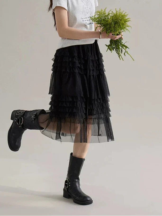 Korean Style Lace Elastic Waist Cake Skirt Mesh Puffy Skirt Women's Dress Knee Length Casual A-Line Skirt Micro Stretch No Slit