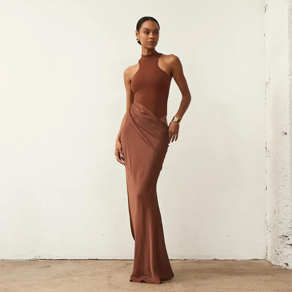 Satin Sexy Hollow Out Women Maxi Dress Black Sleeveless High Waist Dress Female Autumn Skinny Elegant Party Clubwear