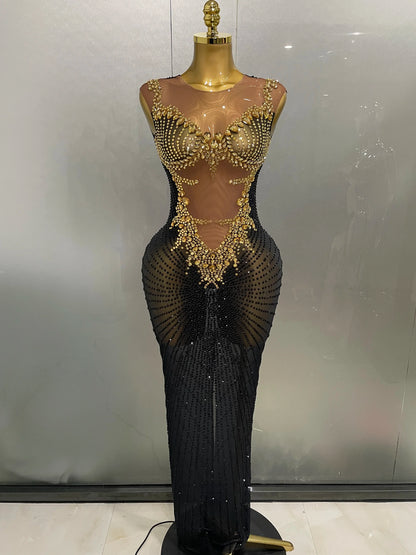 Sexy Sparkly Rhinestones Sleeveless Long Dress 2025 New Women Birthday Celebrate Evening Photo Shoot Stage Performance Costume
