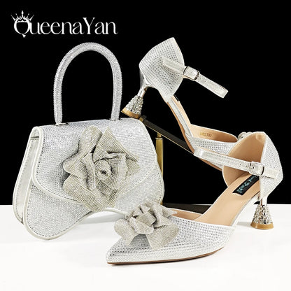 Spot Goods Nigeria High Quality Heels Pumps And Bag Handmade Flowers Fashion Design For Nigeria Wedding Party