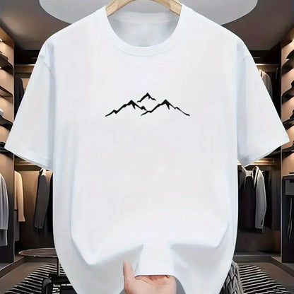 Men's summer 100% pure cotton fashionable casual loose sports mountain pattern printed round neck short sleeved T-shirt top