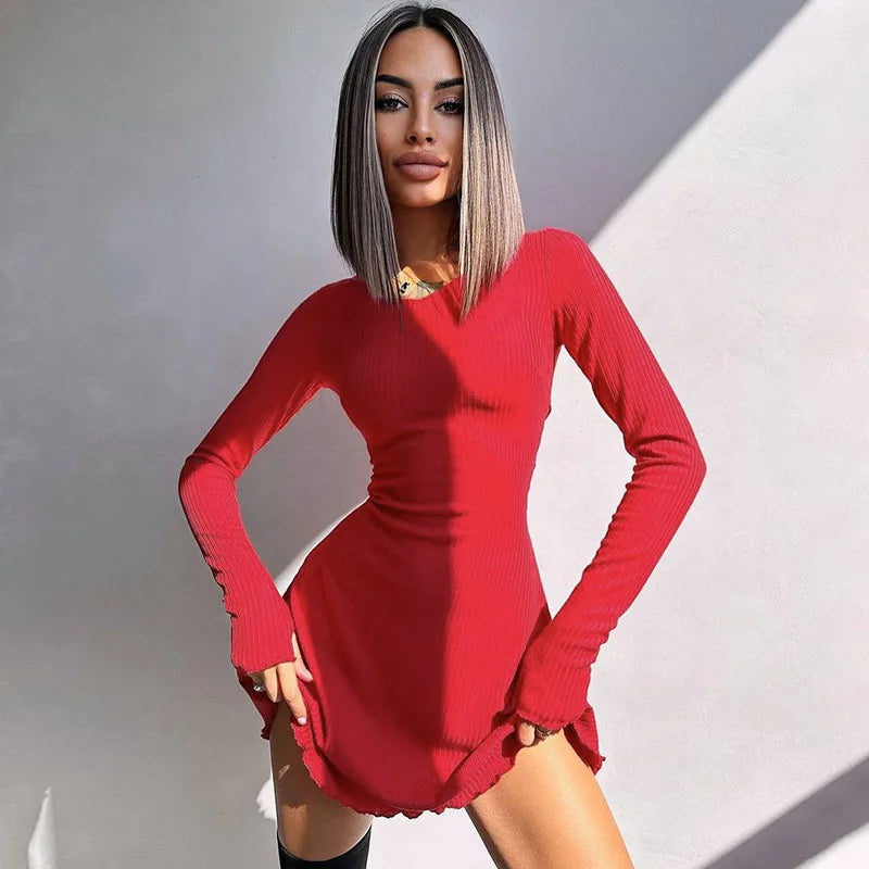 Women 2024 Spring Autumn Fashion Long Sleeve Knitted Streetwear Bodycon Short Mini Dress Wholesale Items For Business