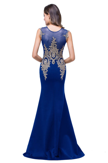 BABYONLINE In Stocks Luxury Beads Mermaid Evening Dresses Royal Blue Appliques Sheer Bodice Prom Party Dresses Robe de Soiree