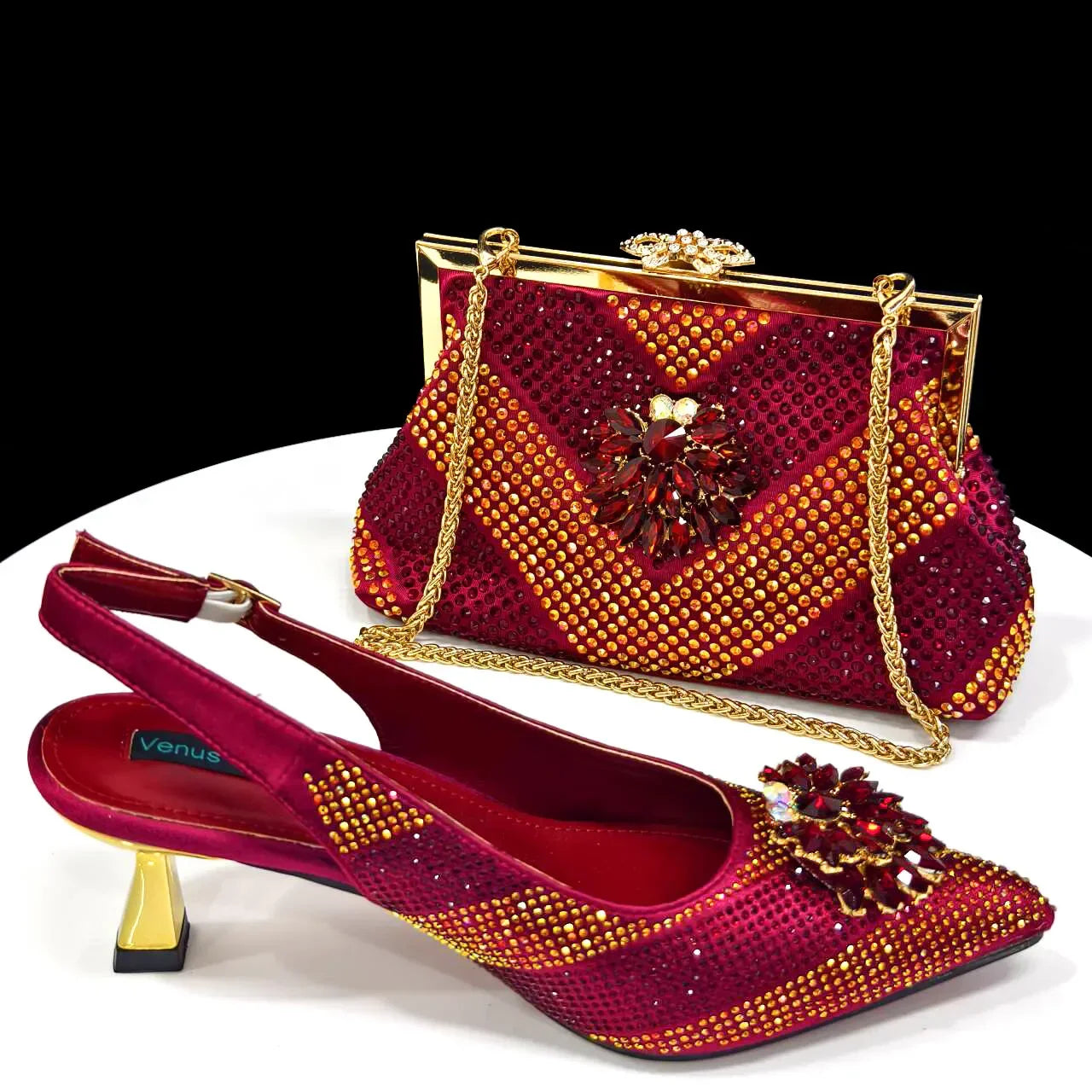 Italian Design Rhinestone Luxury Wine Colour Pointed Toe Shoe & Bag Set Women's High Heels for Parties