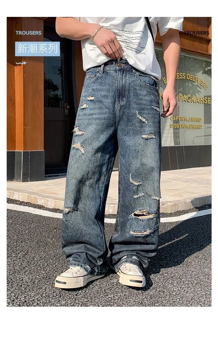 American-style distressed wide-leg jeans, loose-fitting washed and distressed straight-leg jeans, trendy brand.