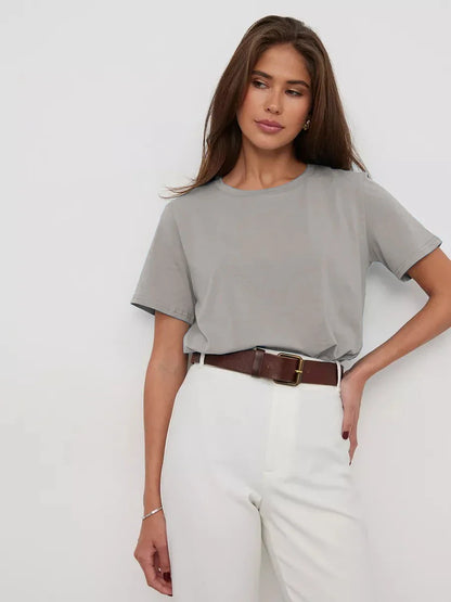 Summer 100% Cotton Women's T-shirt Bottoming Basic Fashionable Lady Short Sleeve Loose Tops Shirts Solid 230g/㎡ Tops