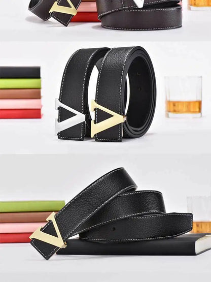 Men's high-end belt with smooth buckle; Korean style fashion trend letter V belt; men's belt