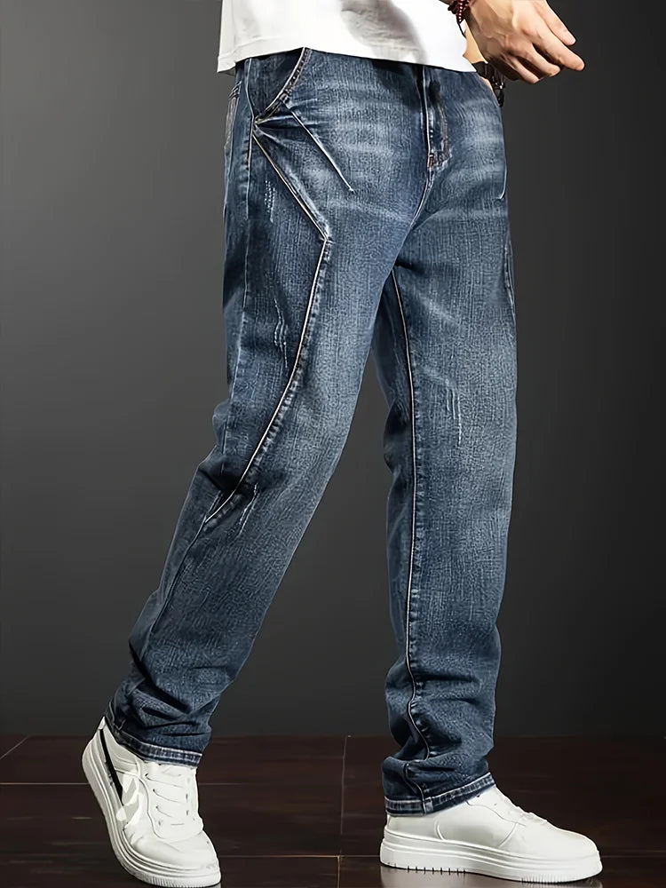 Calça Jeans Masculina Reta com Elastano Casual com Design Personalizado Caimento Confortável Estilo Moderno