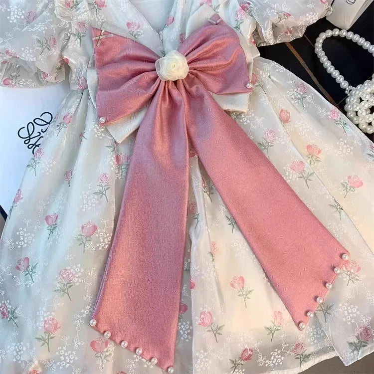2 3 4 5 6 8 Years Girls Princess Dress Summer New Full Print Flowers Puff Sleeve Bow Mesh DresseTutu Birthday Party Gown