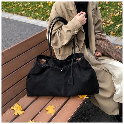 Velvet Zipper 2024 New Product Large Tote Bag Solid Large Capacity Popular Fashion Shoulder Bag Soft Simple Commuter Handbag