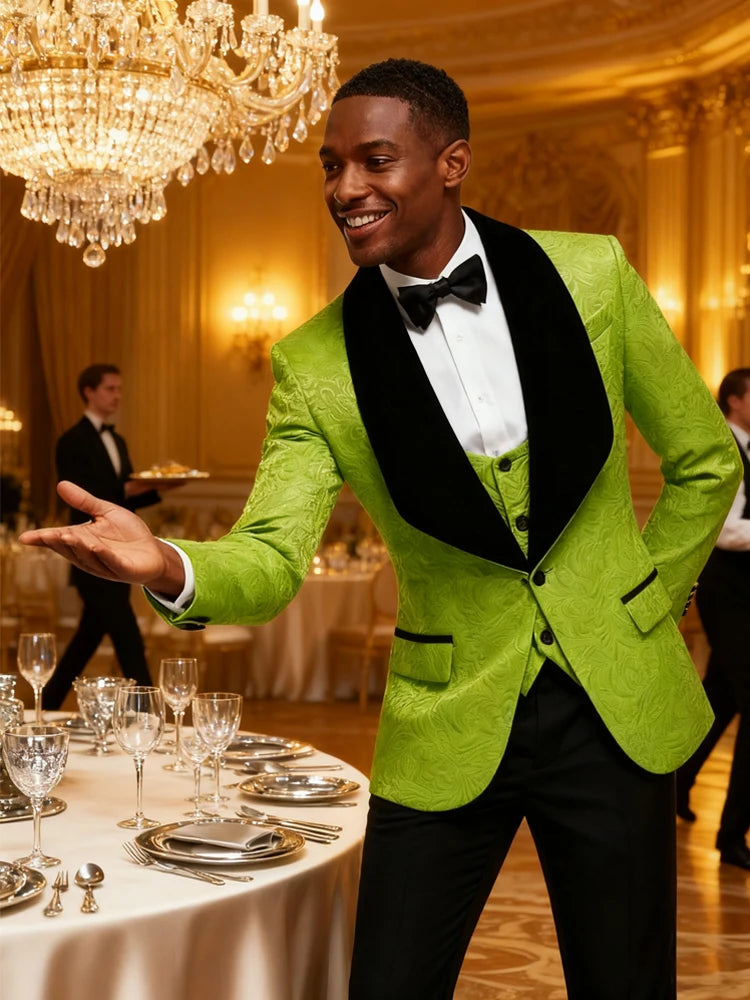 Mens 3 Piece Floral Tuxedo, Jacquard Slim Suit Set, Paisley Blazer Vest and Pants for Prom Wedding