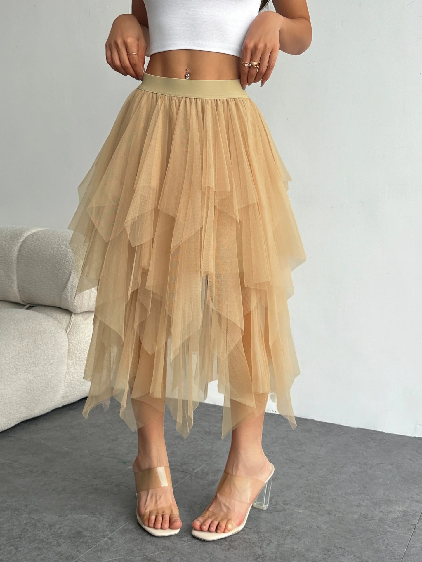 Ladies' high waisted elastic waist layered chiffon midi skirt with irregular asymmetric hem party casual mesh fairy ballet skirt