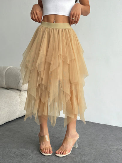 Ladies' high waisted elastic waist layered chiffon midi skirt with irregular asymmetric hem party casual mesh fairy ballet skirt