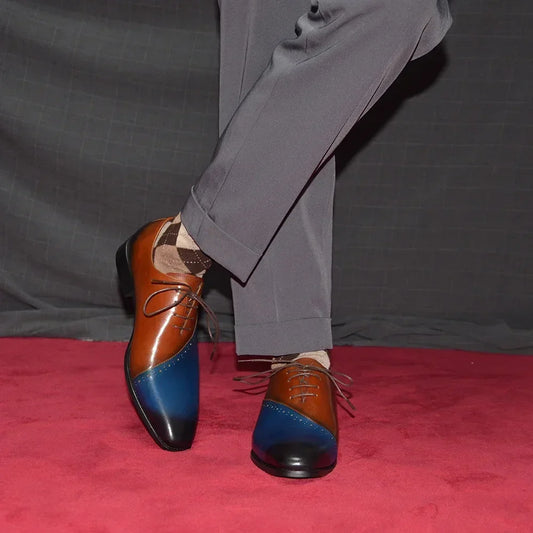 High Quality Men's Genuine Leather Wedding Dress Shoes Pointed Toe Lace-Up Formal Oxfords in Brown/Blue for Party Dinner