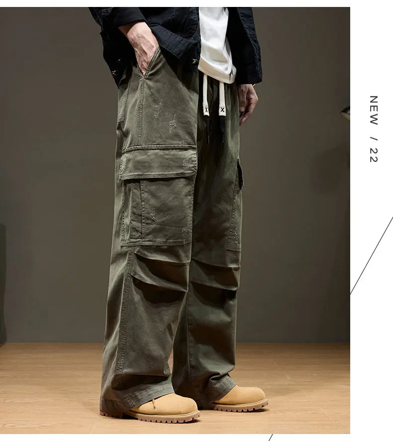 Men's Baggy Cargo Pants with Pockets 100% Cotton Drawstring Elastic Waist Wide Leg Outdoor Casual Pants Plus Size 8XL