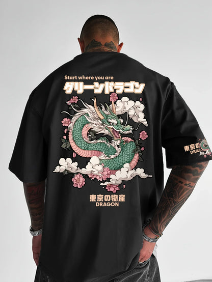 Japan Dragon Print Harajuku Y2K Men Women T-shirt Outdoor Street Casual Trendy Loose Sport Comfort Versatile Short-sleeve Summer