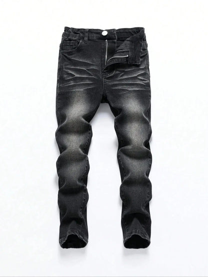 1 Piece of Men's Four-Season Snowflake Washed Fashion Jeans, Stretch Slim Fit Light Gray Dark Black Casual Denim Pants, Normcore and Fashionable, Suitable for Everyday Wear
