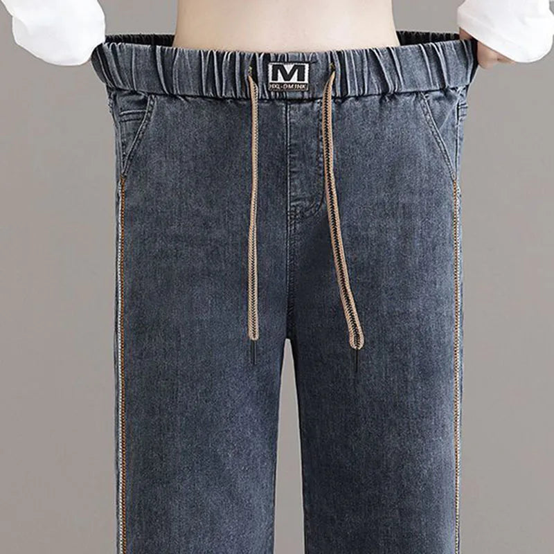Women Elastic High Waist Wide Leg Denim Pants