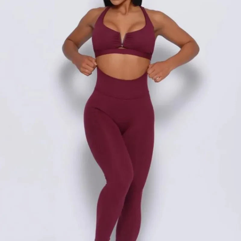 Yoga Set Two piece Hollow Sports Bra Cross Back High Waist Leggings Fitness Workout Women's Tracksuit Gym Outfits Clothing