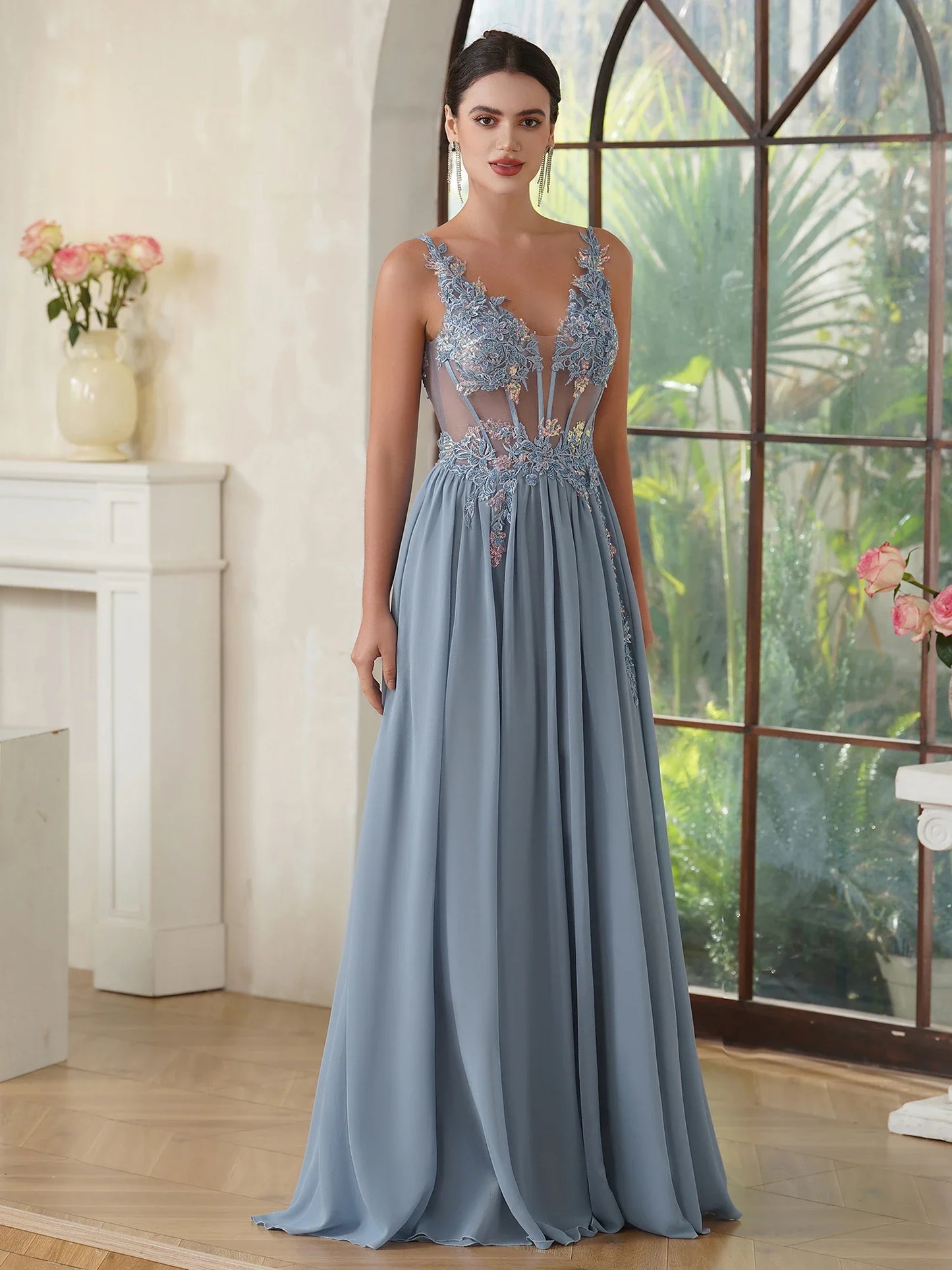 Dusty Blue Soft Shiny Tulle Long Evening Dresses Elegant Appliques Lace Open Back Sexy Prom Formal Party Maxi Gowns