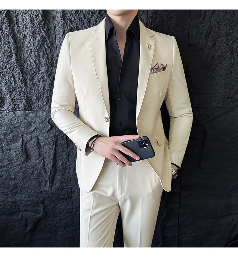 Men's Korean Style Slim Fit Suit Set, High Quality Fabric Solid Color Edge Pressing for Wedding Business