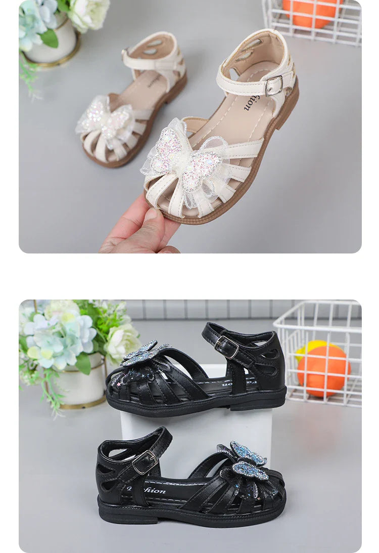 Shine Children Sandals for Girls Butterfly Cute Designer Kids Shoes Peep-toe Korean Style 2023 Summer New Soft Breatheable Chic