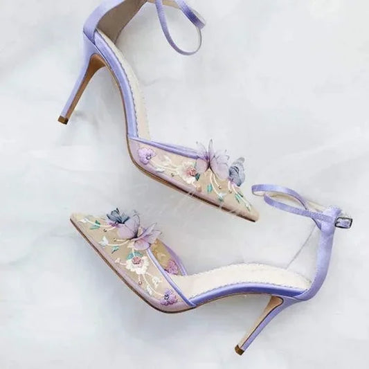 Butterfly High Heel Pumps Women Purple Mesh Pointed Toe Stiletto Heel Garden Party Shoes Ladies Wedding Shoes