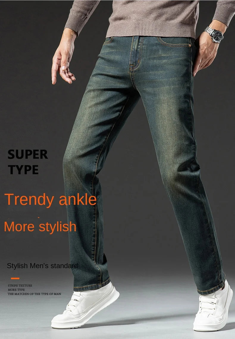 Premium Jeans Men's Autumn 2023 New Elastic High End Business Casual Old Vintage Straight Leg Jeans