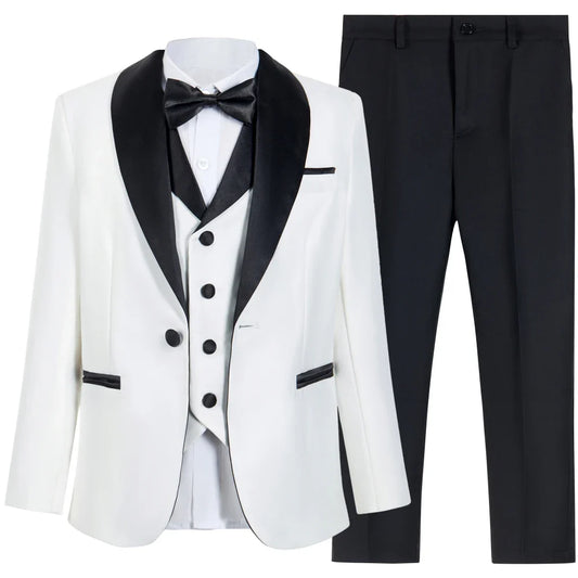 Fast Delivery White Boys Suits 4 Pieces, Stylish Shawl Lapel Kids Slim Fit Suit Set Party Outfit, Smart Children's Tuxedo 2-20T