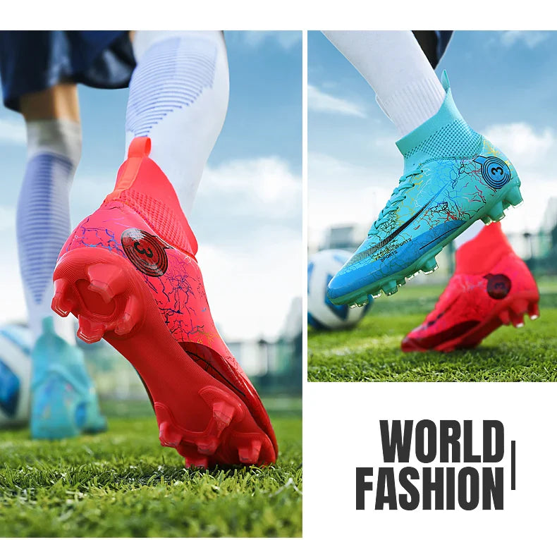 Fashion Men Professional Soccer Shoes Outdoor Cleats Unisex Ultralight Long Spikes Futsal Training Shoes Red Football Boots Men