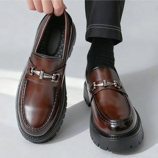 Europe Fashion Thick Sole Men's Penny Loafers Slip-On Business Dress Shoes Gentleman Glossy Buckle Formal Party Black Shoes
