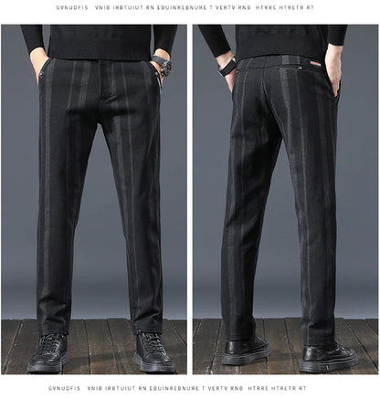 Autumn New Men's Slim Casual Pants  Fashionable Fit Elastic Business Pants High Quality Stripe Classic 3-colors Male Trousers