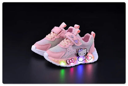 Kids'Casual Shoes Girls Led Light Cartoon PU Leather Fashion Sport Flat Bottom Shoes Breathable White Pink Size 21-30
