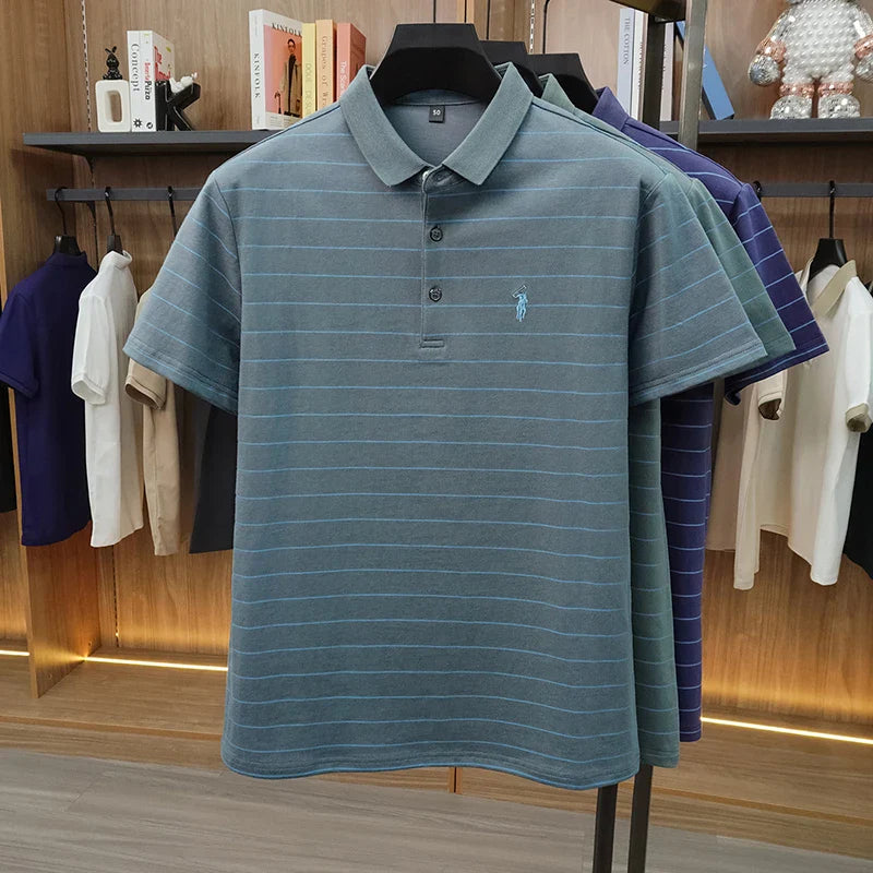 2026 New Summer Pure Cotton Short Sleeved Business Polo Shirt Men's Lapel Breathable Casual Versatile Top Striped T-shirt