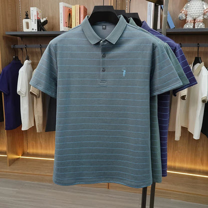 2026 New Summer Pure Cotton Short Sleeved Business Polo Shirt Men's Lapel Breathable Casual Versatile Top Striped T-shirt