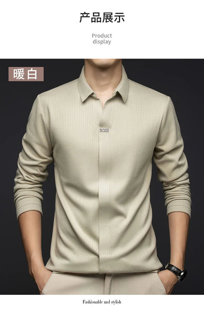 Men's Business Casual Solid Color Stretch V-neck POLO Shirt Daily Commute Striped Sweater for Fall 2024.