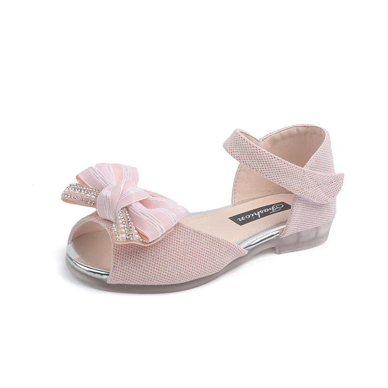 2026 New Children Sandals Rhinestone Bow Wedding Princess Girls Sandal Party Dance Baby Student Flats Kids Performance Shoes