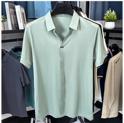 High quality ice silk short sleeve T-shirt men's lapel top trendy brand design cool silky breathable summer casual polo shirt